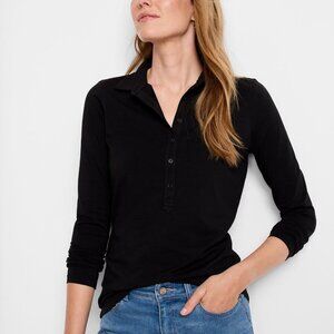 NWT NIC+ZOE Long Sleeve Polo Top Button-Up Placket Cotton Stretch Black - Small